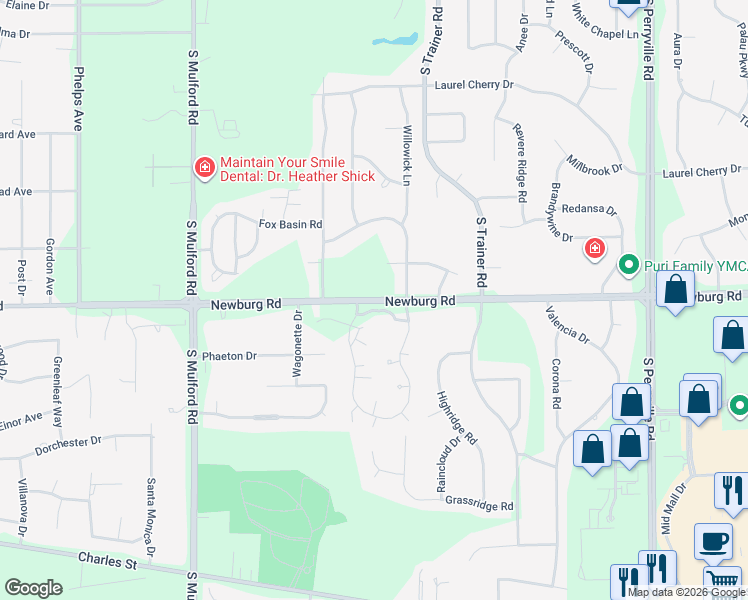 map of restaurants, bars, coffee shops, grocery stores, and more near 6300 Newburg Road in Rockford