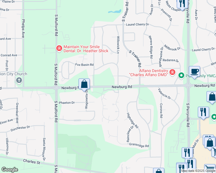 map of restaurants, bars, coffee shops, grocery stores, and more near 6300 Newburg Road in Rockford