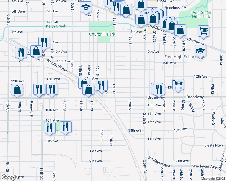 map of restaurants, bars, coffee shops, grocery stores, and more near 2111 13th Avenue in Rockford