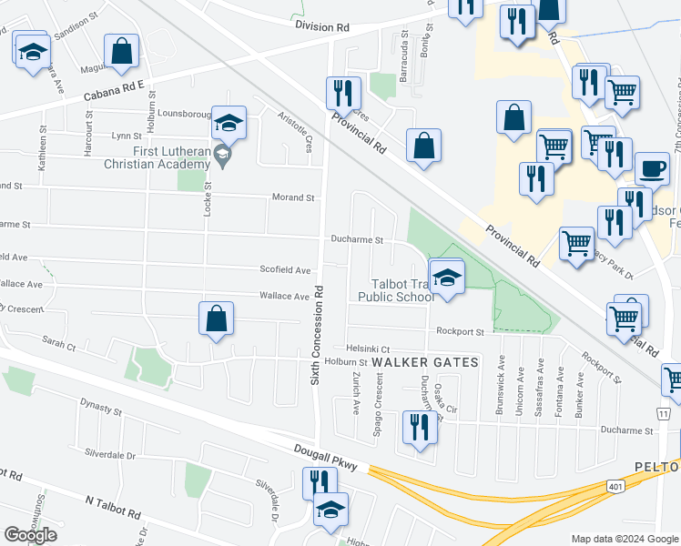 map of restaurants, bars, coffee shops, grocery stores, and more near 1161 Lauras Lane in Windsor