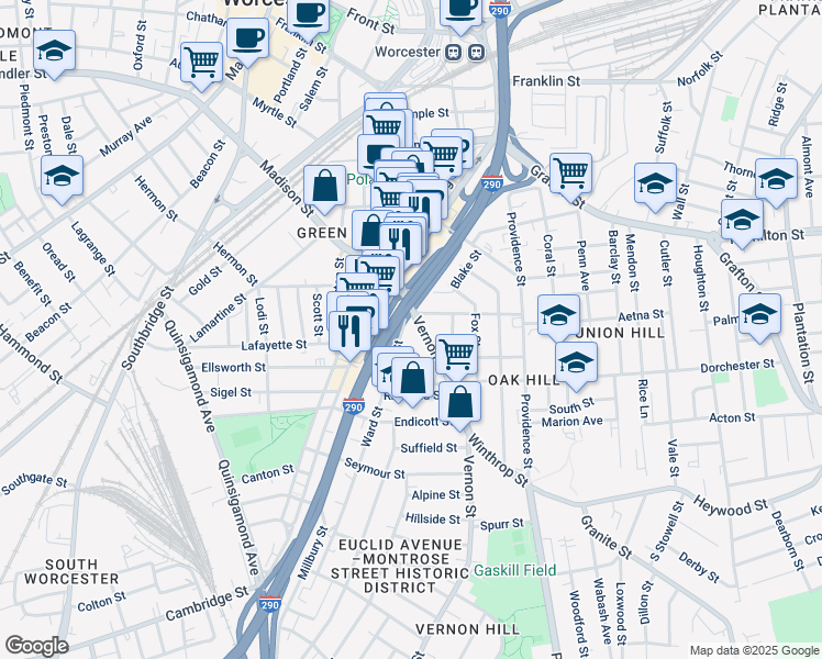 map of restaurants, bars, coffee shops, grocery stores, and more near 22 Vernon Street in Worcester