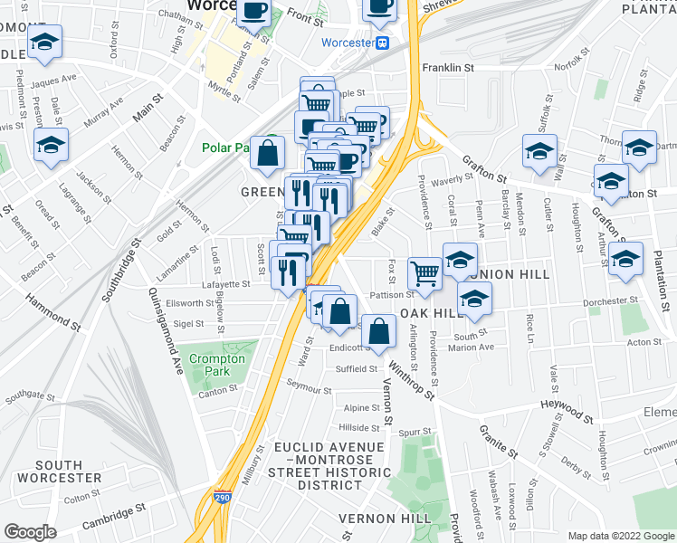 map of restaurants, bars, coffee shops, grocery stores, and more near 22 Vernon Street in Worcester