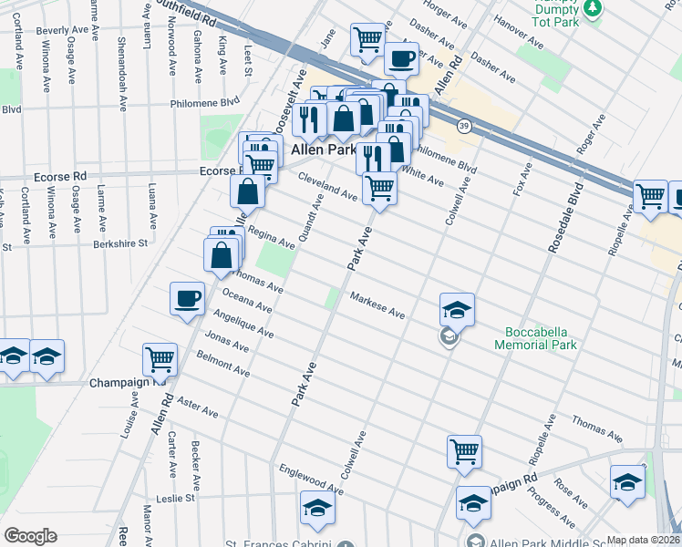 map of restaurants, bars, coffee shops, grocery stores, and more near 7331 Park Avenue in Allen Park