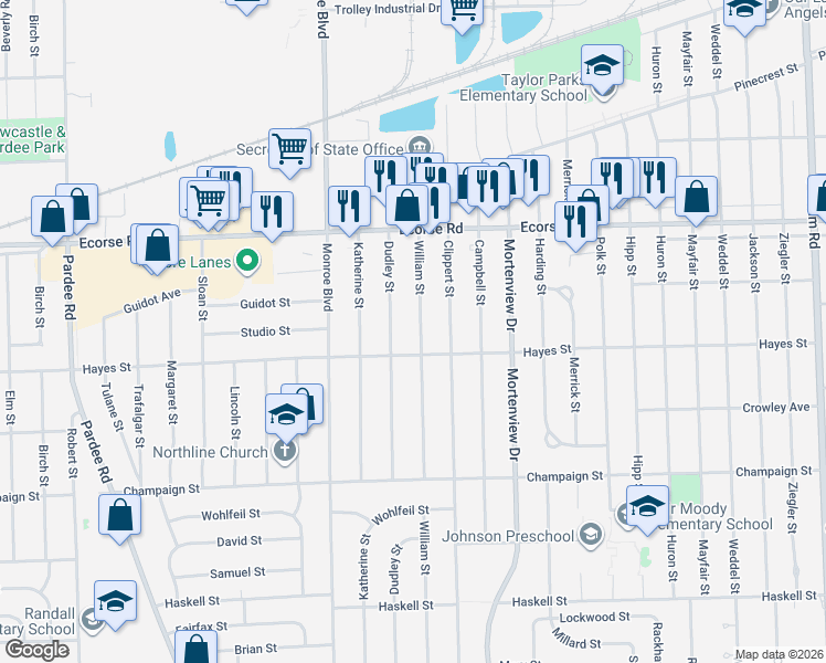 map of restaurants, bars, coffee shops, grocery stores, and more near 7584 William Street in Taylor