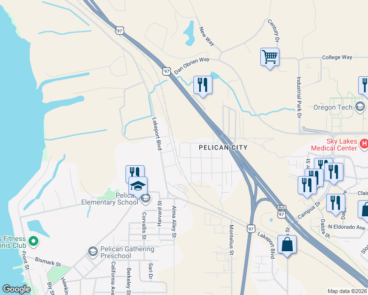 map of restaurants, bars, coffee shops, grocery stores, and more near 3551 Coolidge Street in Klamath Falls