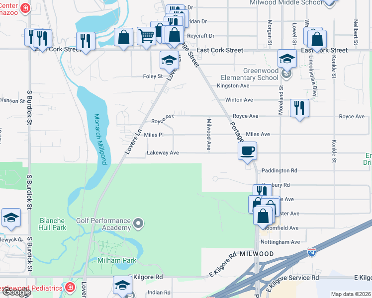 map of restaurants, bars, coffee shops, grocery stores, and more near 1127 Lakeway Avenue in Kalamazoo