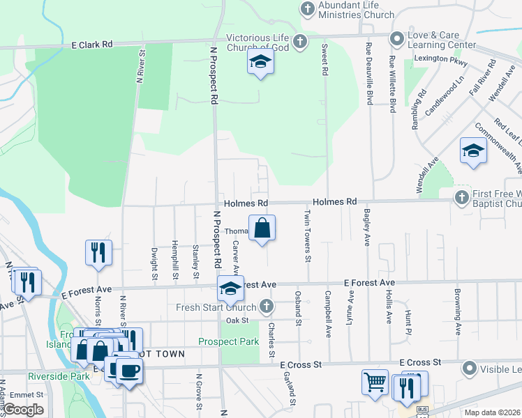 map of restaurants, bars, coffee shops, grocery stores, and more near 818 Charles Street in Ypsilanti