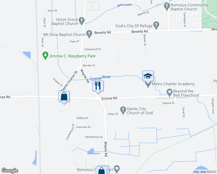 map of restaurants, bars, coffee shops, grocery stores, and more near 35344 Ecorse Road in Romulus