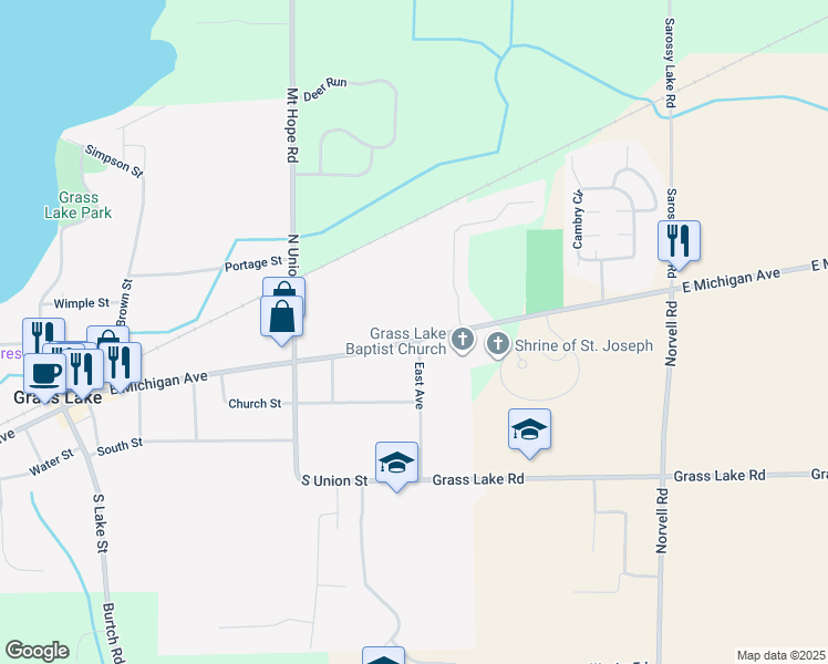 map of restaurants, bars, coffee shops, grocery stores, and more near 880 East Michigan Avenue in Grass Lake