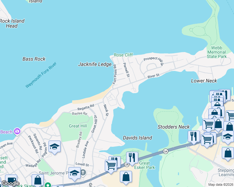 map of restaurants, bars, coffee shops, grocery stores, and more near 51 River Street in Weymouth