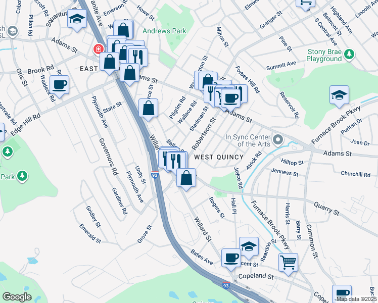 map of restaurants, bars, coffee shops, grocery stores, and more near 99 Robertson Street in Quincy