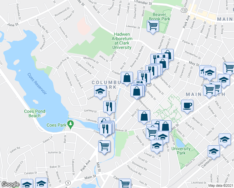 map of restaurants, bars, coffee shops, grocery stores, and more near 130 Beaverbrook Parkway in Worcester