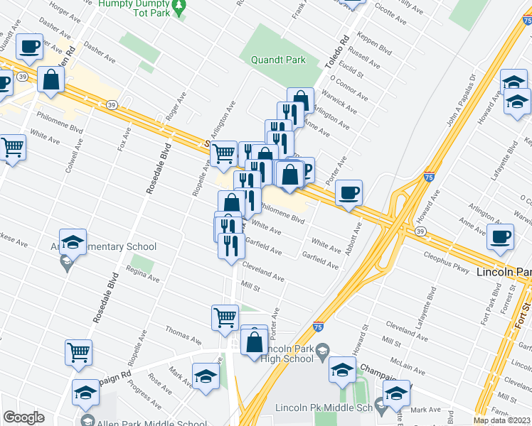 map of restaurants, bars, coffee shops, grocery stores, and more near 1921 Philomene Boulevard in Lincoln Park