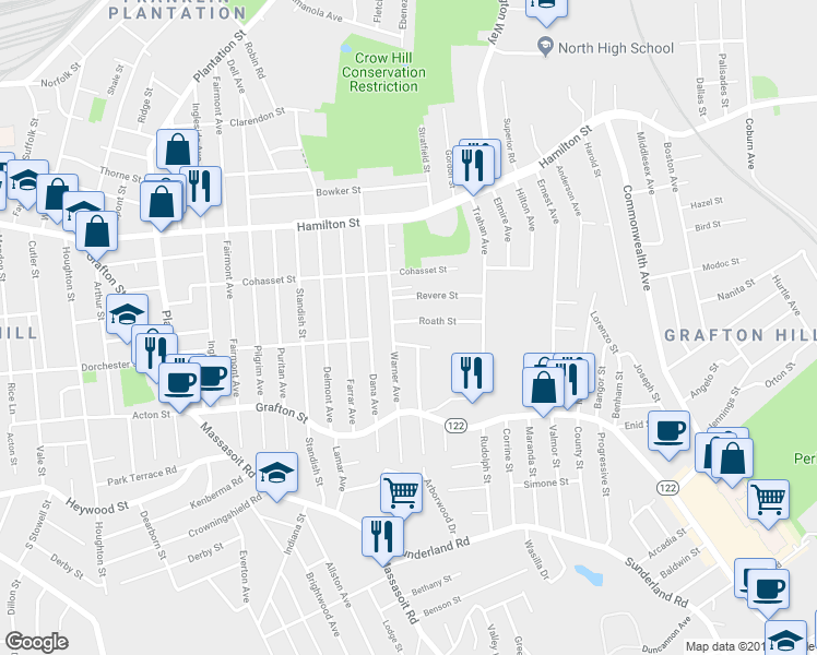 map of restaurants, bars, coffee shops, grocery stores, and more near 6 Roath Street in Worcester