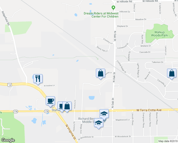 map of restaurants, bars, coffee shops, grocery stores, and more near 7312 Oakwood Lane in Crystal Lake
