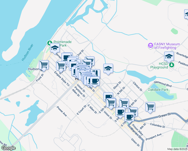 map of restaurants, bars, coffee shops, grocery stores, and more near 325 State Street in Hudson