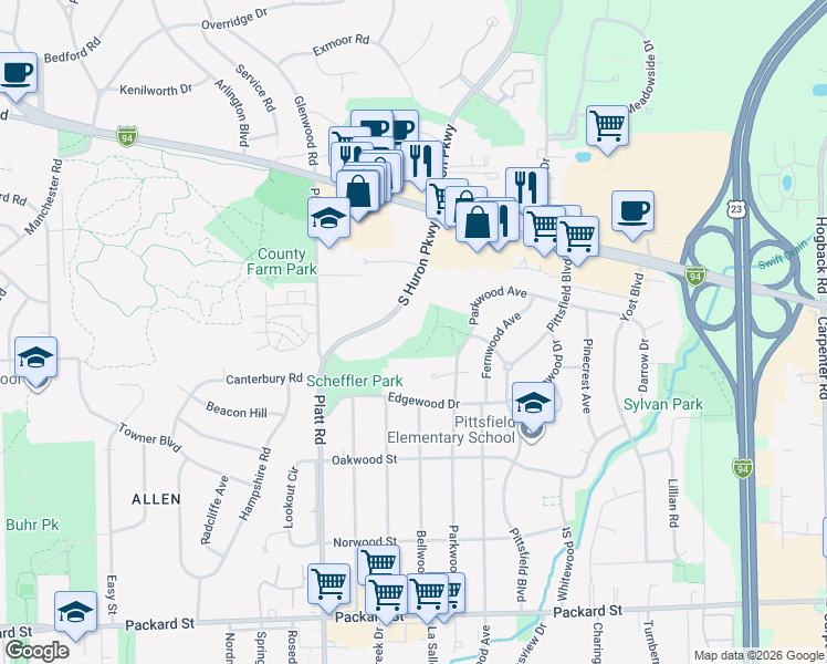 map of restaurants, bars, coffee shops, grocery stores, and more near 2301 South Huron Parkway in Ann Arbor