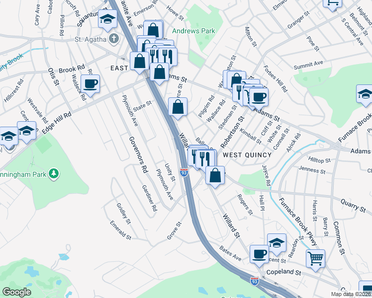 map of restaurants, bars, coffee shops, grocery stores, and more near 43 Willard Street in Quincy