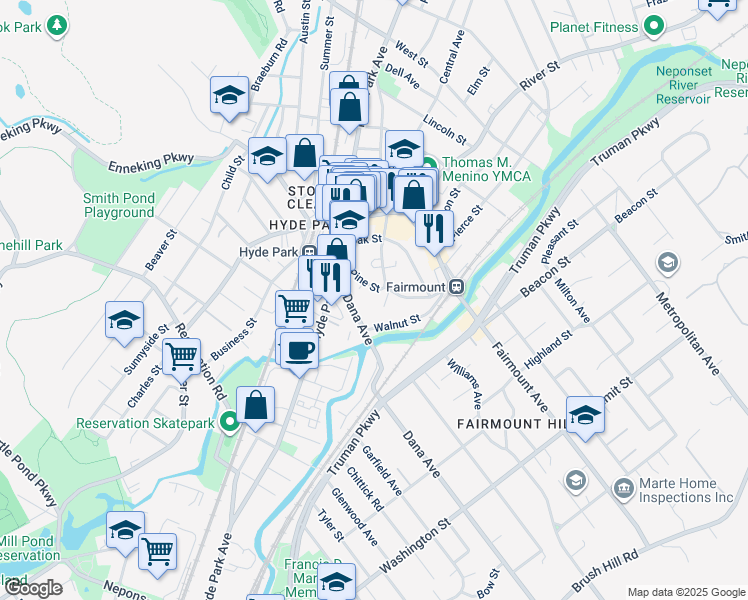 map of restaurants, bars, coffee shops, grocery stores, and more near 6 Pine Street in Boston