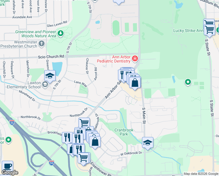 map of restaurants, bars, coffee shops, grocery stores, and more near 452 Village Oaks Court in Ann Arbor