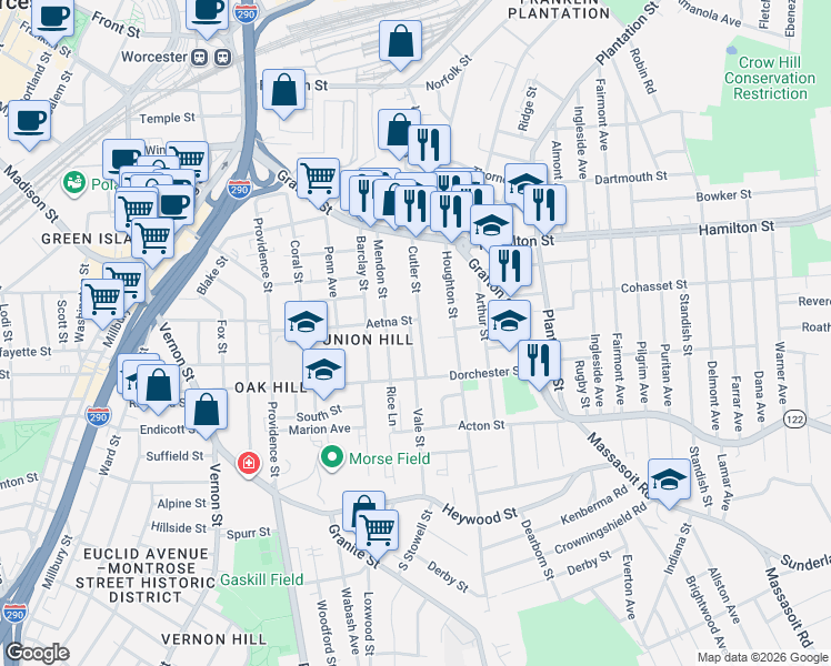 map of restaurants, bars, coffee shops, grocery stores, and more near 64 Cutler Street in Worcester