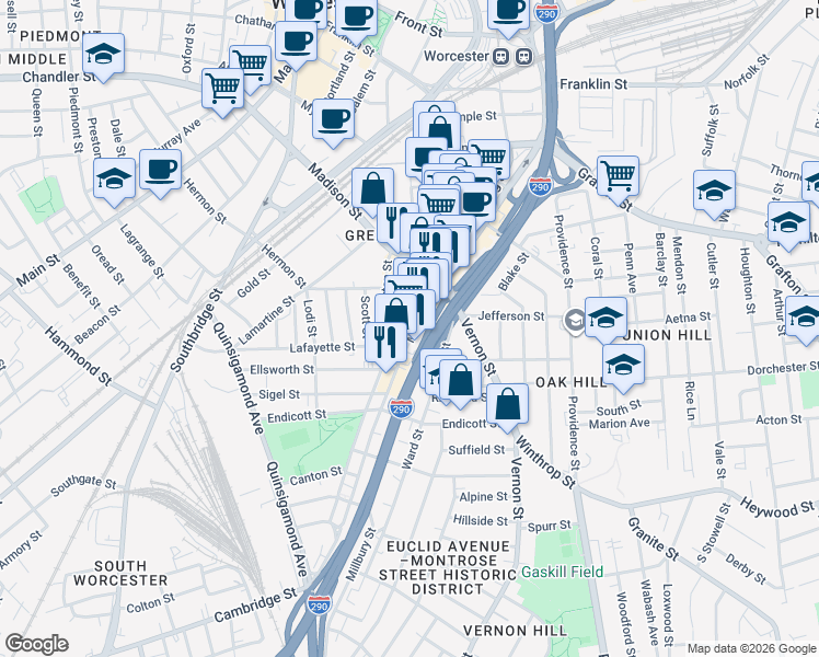 map of restaurants, bars, coffee shops, grocery stores, and more near 64 Millbury Street in Worcester