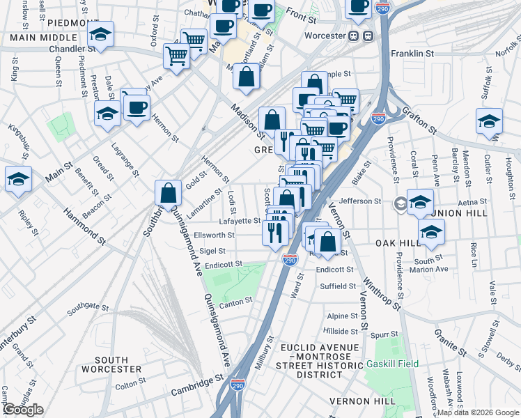 map of restaurants, bars, coffee shops, grocery stores, and more near 14 Scott Street in Worcester