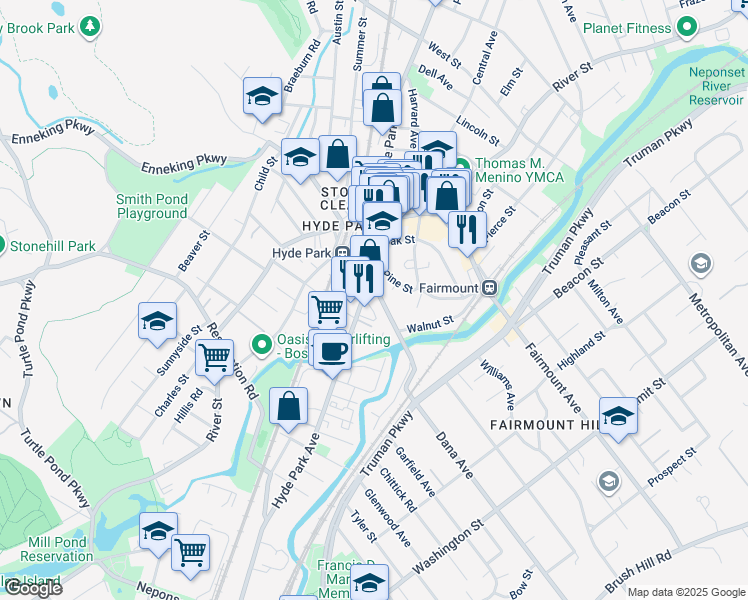 map of restaurants, bars, coffee shops, grocery stores, and more near 31 Dana Avenue in Boston