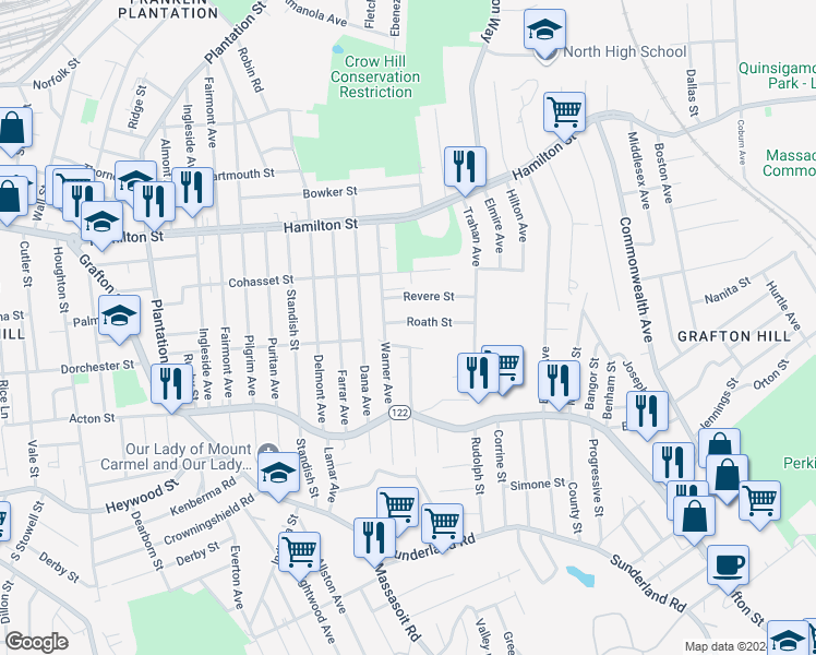 map of restaurants, bars, coffee shops, grocery stores, and more near 9 Roath Street in Worcester