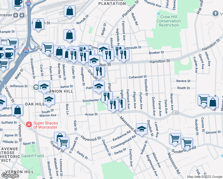 map of restaurants, bars, coffee shops, grocery stores, and more near 7 Village Street in Worcester