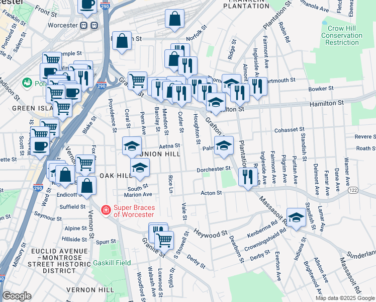 map of restaurants, bars, coffee shops, grocery stores, and more near 64 Cutler Street in Worcester