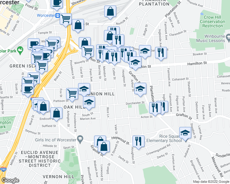 map of restaurants, bars, coffee shops, grocery stores, and more near 64 Cutler Street in Worcester