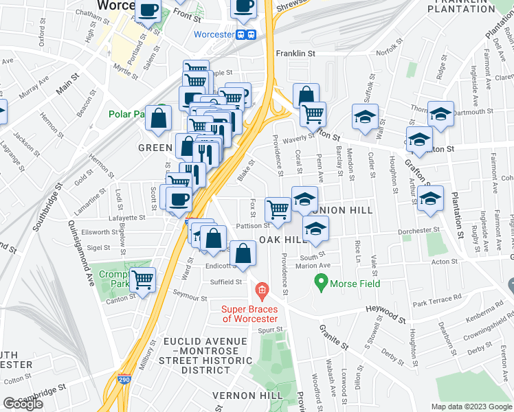 map of restaurants, bars, coffee shops, grocery stores, and more near 24 Jefferson Street in Worcester