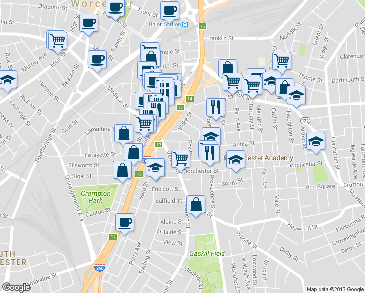 map of restaurants, bars, coffee shops, grocery stores, and more near 24 Jefferson Street in Worcester