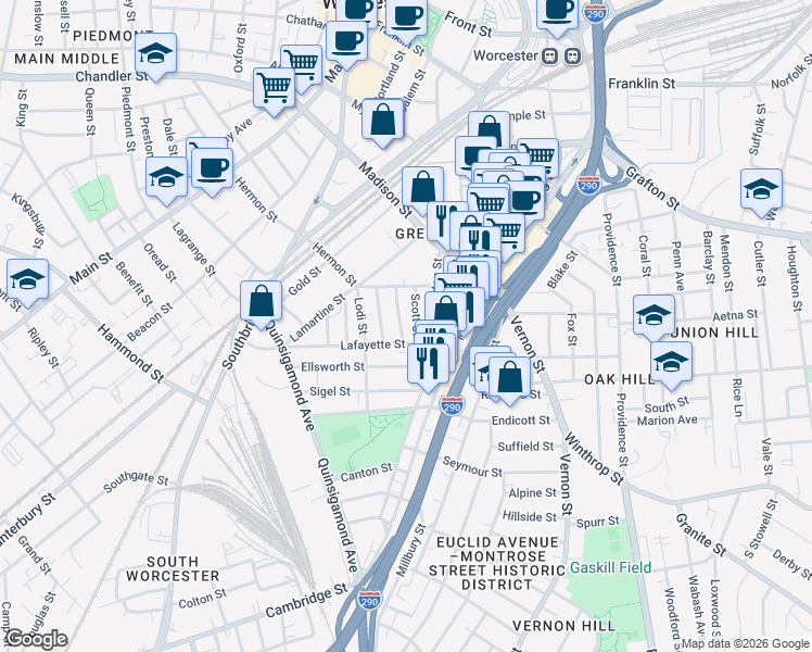 map of restaurants, bars, coffee shops, grocery stores, and more near 14 Scott Street in Worcester