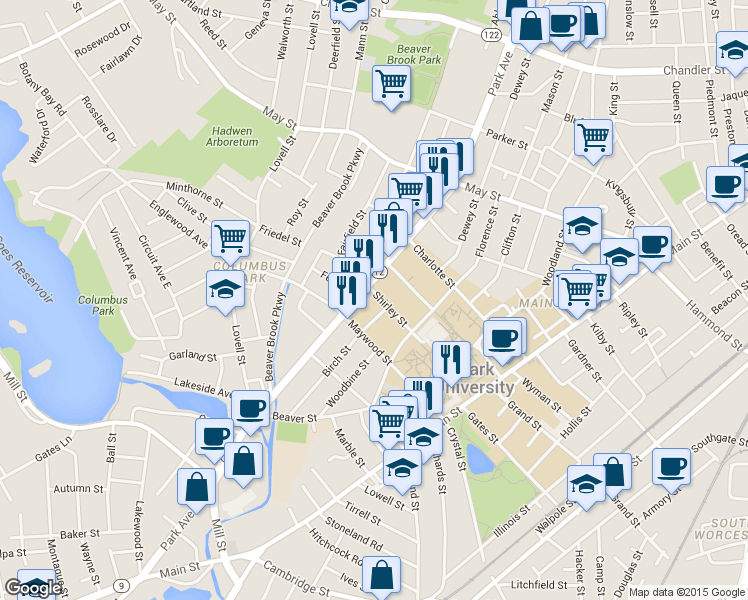 map of restaurants, bars, coffee shops, grocery stores, and more near 5 Shirley Street in Worcester