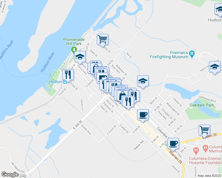 map of restaurants, bars, coffee shops, grocery stores, and more near in Hudson