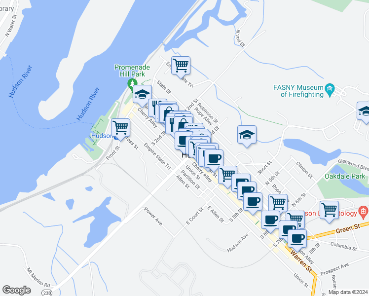 map of restaurants, bars, coffee shops, grocery stores, and more near 233 Warren Street in Hudson