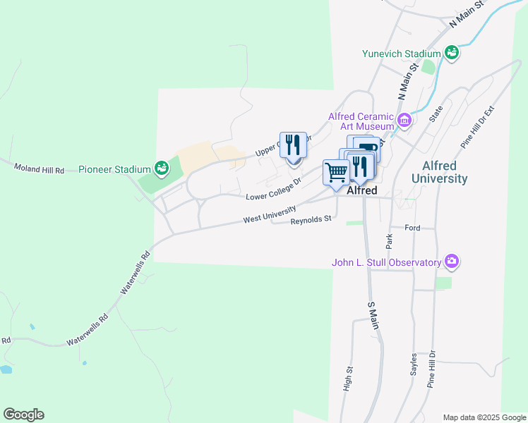 map of restaurants, bars, coffee shops, grocery stores, and more near 60 West University in Alfred