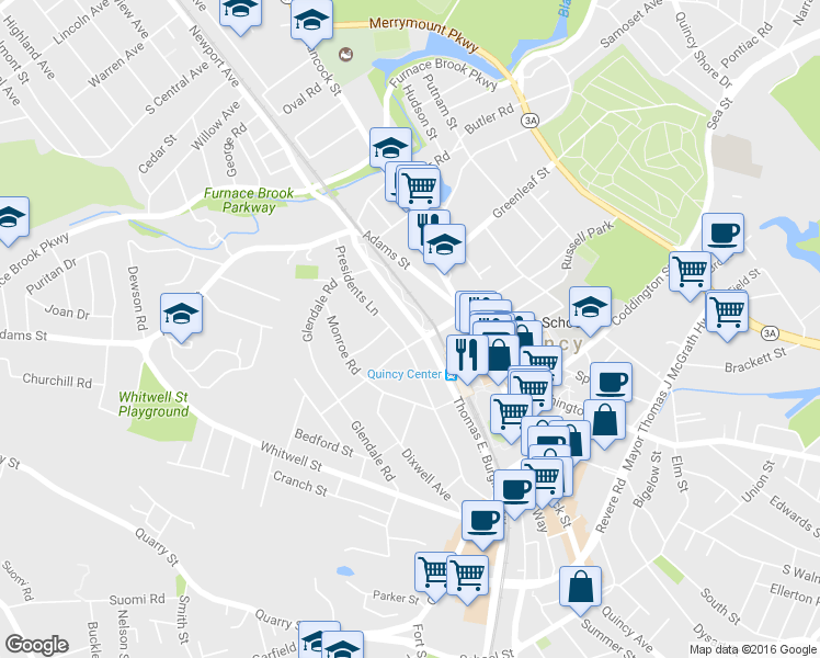 map of restaurants, bars, coffee shops, grocery stores, and more near 75 Thomas Burgin Parkway in Quincy