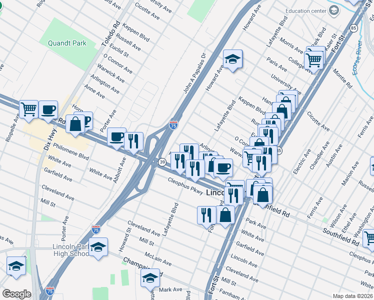 map of restaurants, bars, coffee shops, grocery stores, and more near 1556 Anne Avenue in Lincoln Park