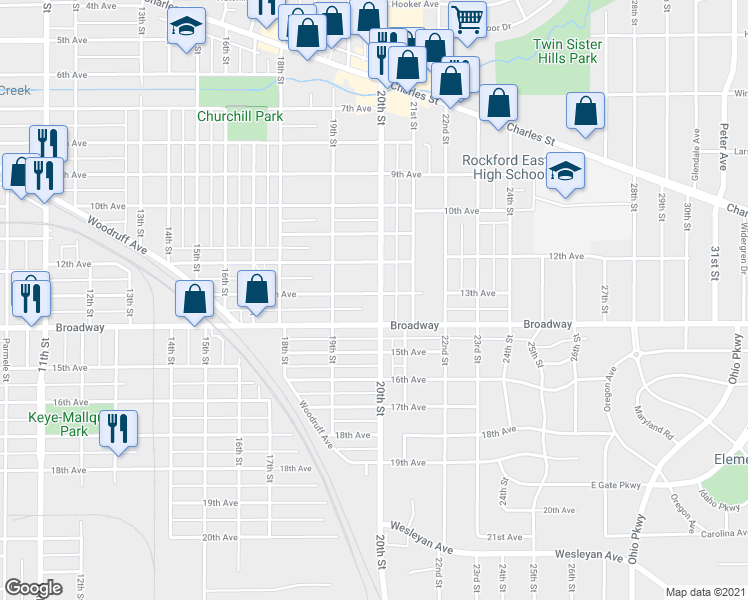 map of restaurants, bars, coffee shops, grocery stores, and more near 1403 20th Street in Rockford