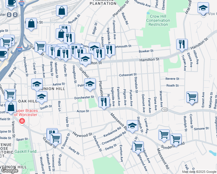 map of restaurants, bars, coffee shops, grocery stores, and more near 7 Village Street in Worcester