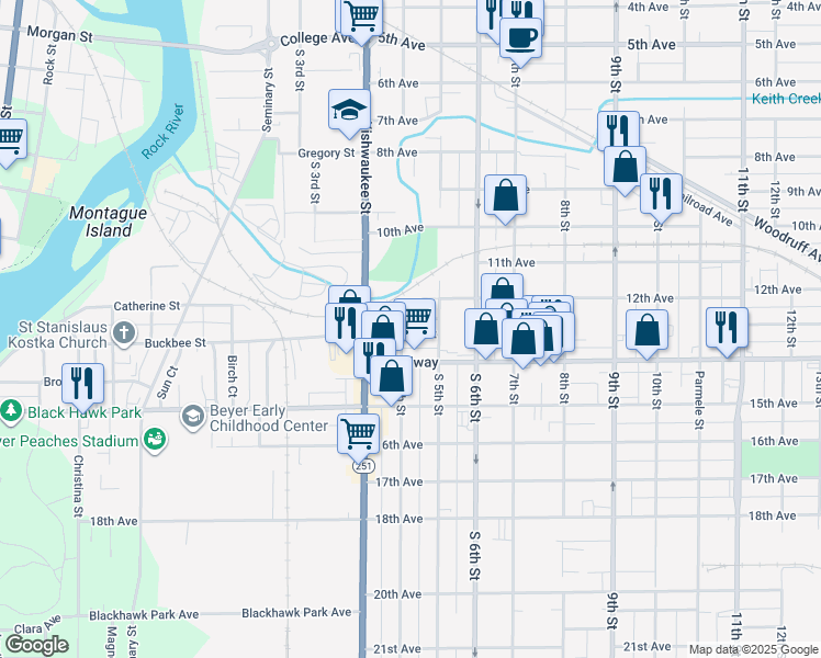 map of restaurants, bars, coffee shops, grocery stores, and more near 810 Buckbee Street in Rockford