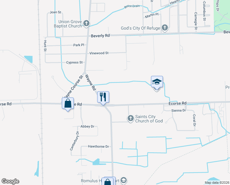 map of restaurants, bars, coffee shops, grocery stores, and more near 35344 Ecorse Road in Romulus