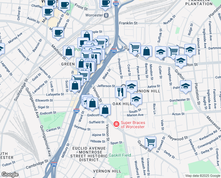 map of restaurants, bars, coffee shops, grocery stores, and more near 24 Jefferson Street in Worcester