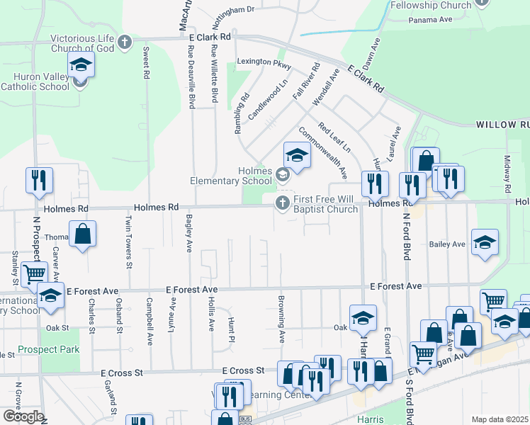 map of restaurants, bars, coffee shops, grocery stores, and more near 1200 Holmes Road in Ypsilanti