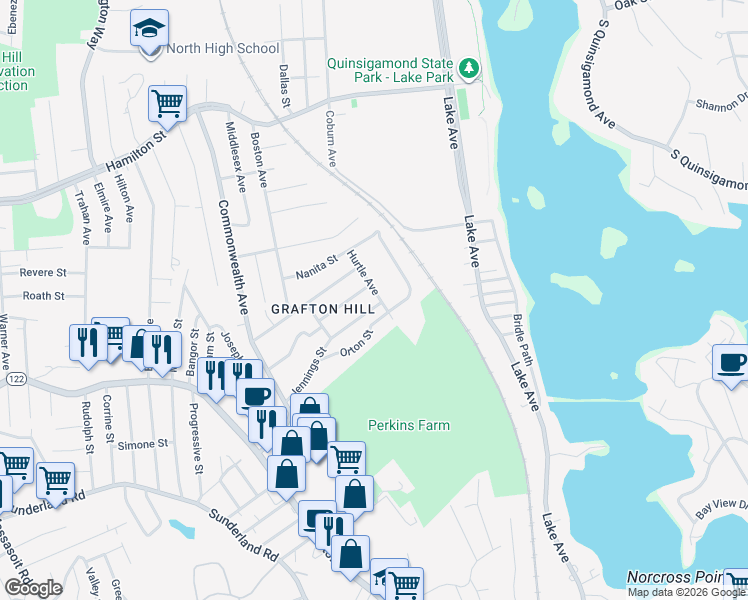 map of restaurants, bars, coffee shops, grocery stores, and more near 29 Hurtle Avenue in Worcester