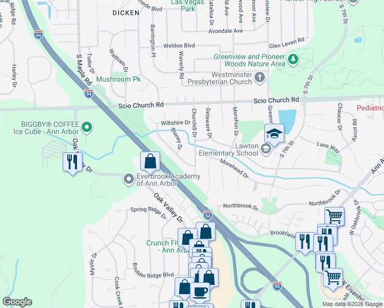 map of restaurants, bars, coffee shops, grocery stores, and more near 2180 Churchill Drive in Ann Arbor