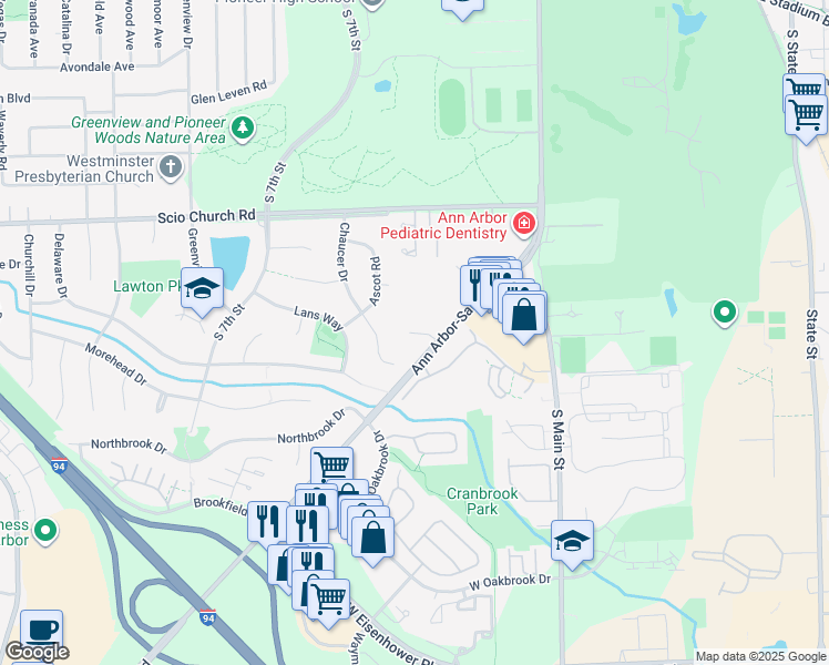 map of restaurants, bars, coffee shops, grocery stores, and more near 490 Village Oaks Ct in Ann Arbor
